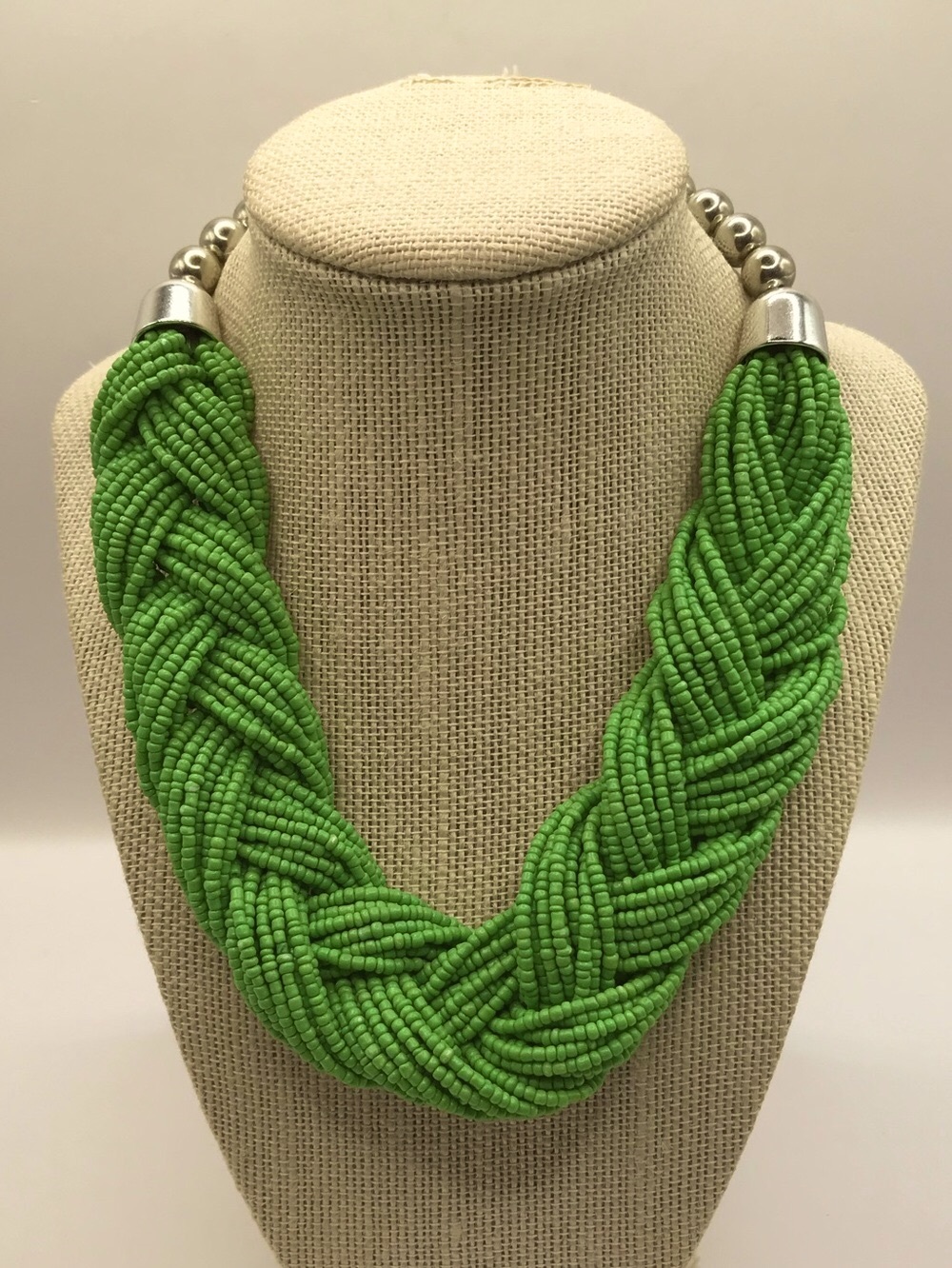 Multi Strand Braided Green Seed Bead Statement Necklace